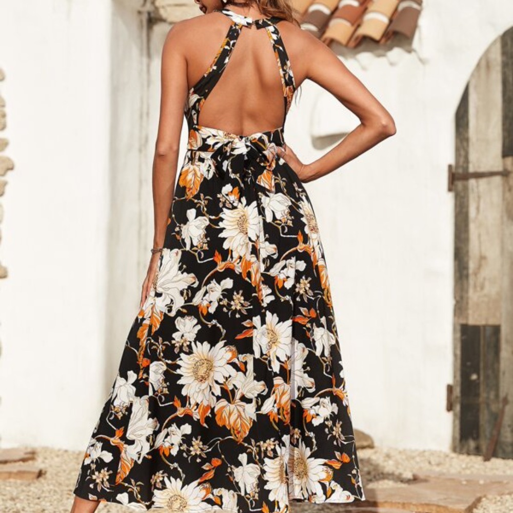 Boho Floral Print Open Back Lace Maxi Dress Cottagecore - Picture 5 of 5